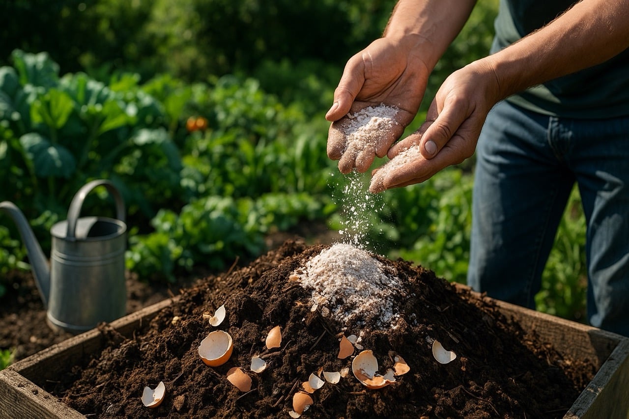 Coquilles d'oeufs broyées ajoutées à un compost de jardin