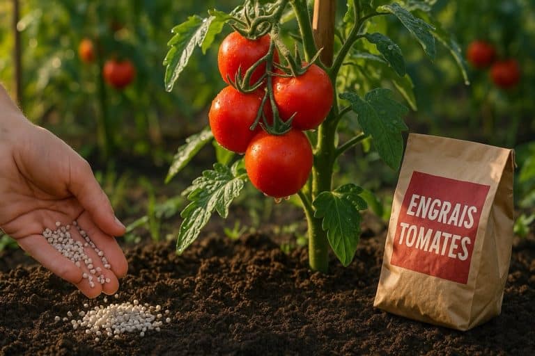 Pieds de tomates en cours de fertilisation avec de l'engrais type compost